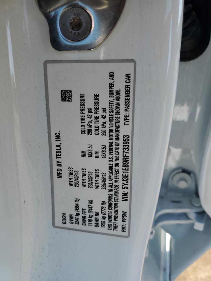 2024 TESLA MODEL 3 VIN:5YJ3E1EB9RF733953