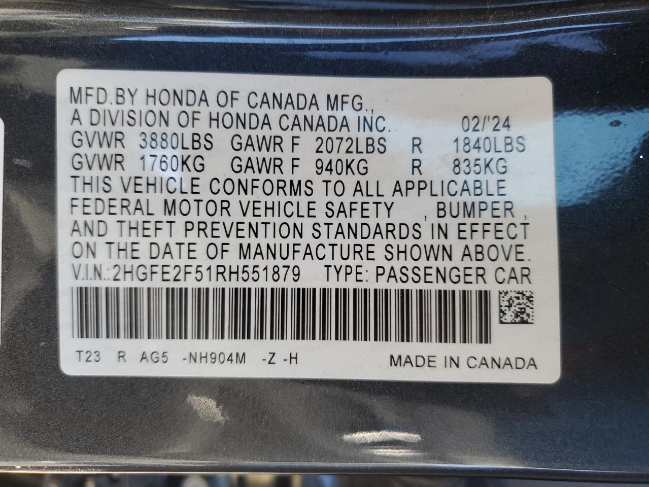 2024 HONDA CIVIC SPORT VIN:2HGFE2F51RH551879