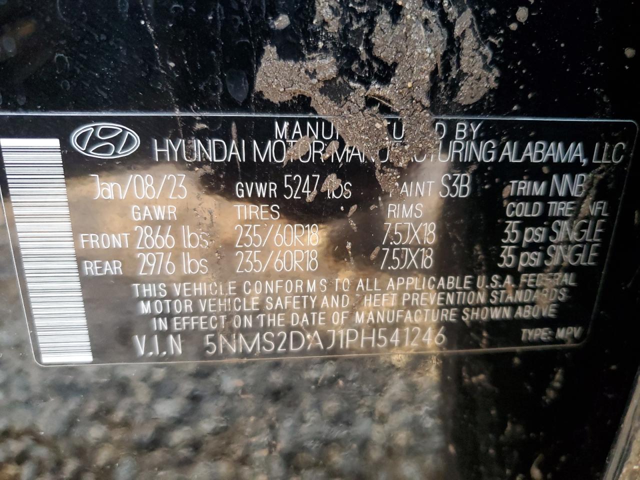 2023 HYUNDAI SANTA FE SEL VIN:5NMS2DAJ1PH541246