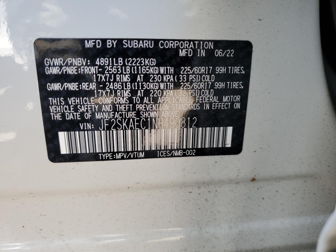 2022 SUBARU FORESTER PREMIUM VIN:JF2SKAEC1NH490812