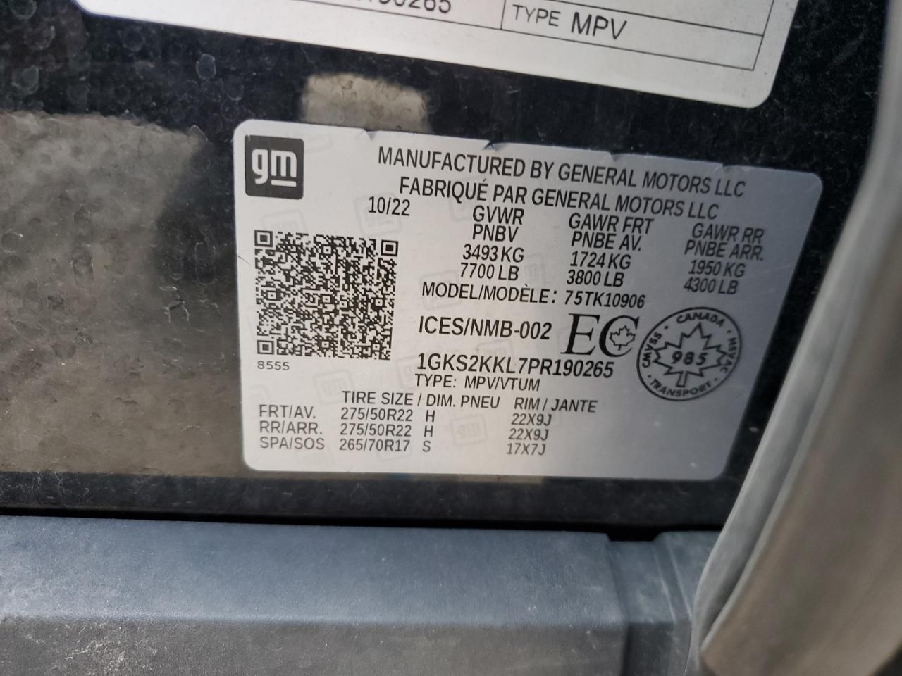 2023 GMC YUKON XL DENALI ULTIMATE VIN:1GKS2KKL7PR190265