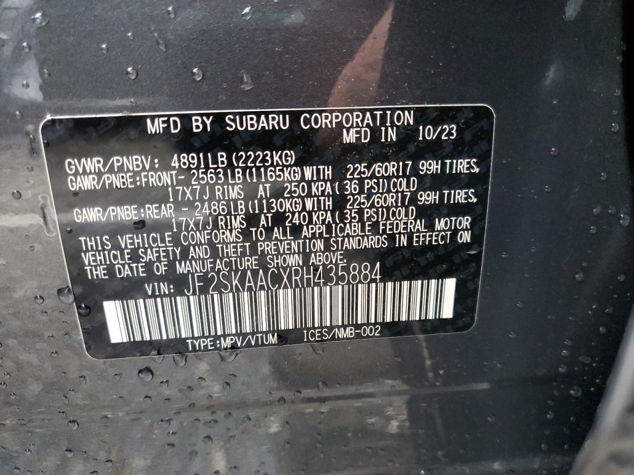 2024 SUBARU FORESTER VIN:JF2SKAACXRH435884