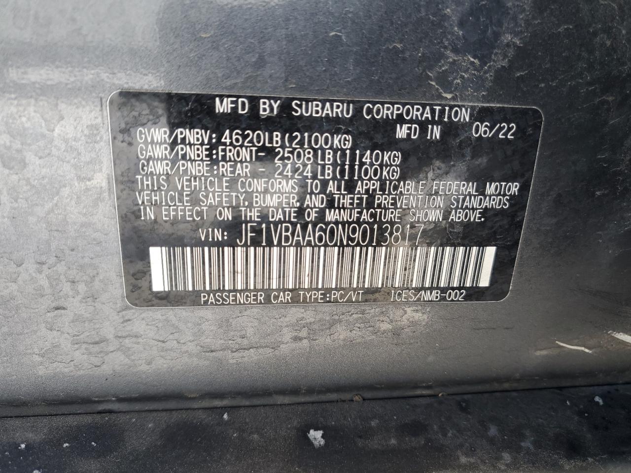 2022 SUBARU WRX VIN:JF1VBAA60N9013817