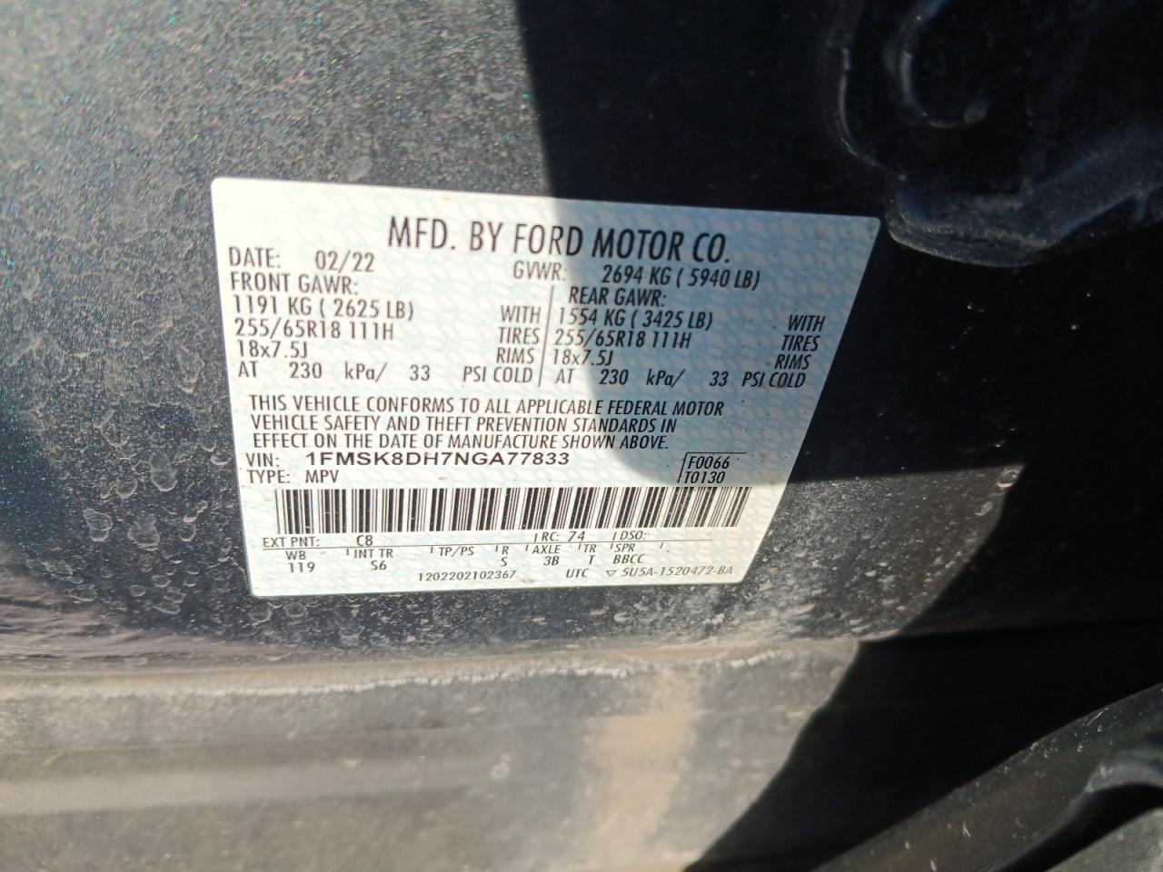 2022 FORD EXPLORER XLT VIN:1FMSK8DH7NGA77833