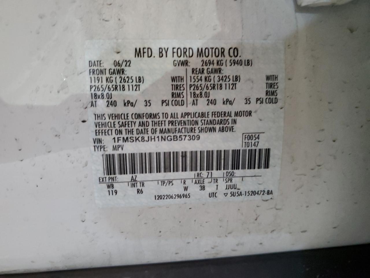 2022 FORD EXPLORER TIMBERLINE VIN:1FMSK8JH1NGB57309