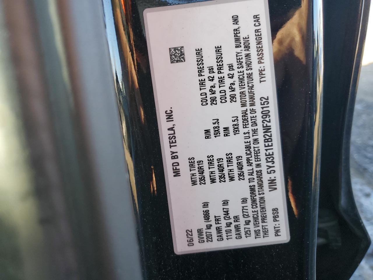 2022 TESLA MODEL 3 VIN:5YJ3E1EB2NF290152