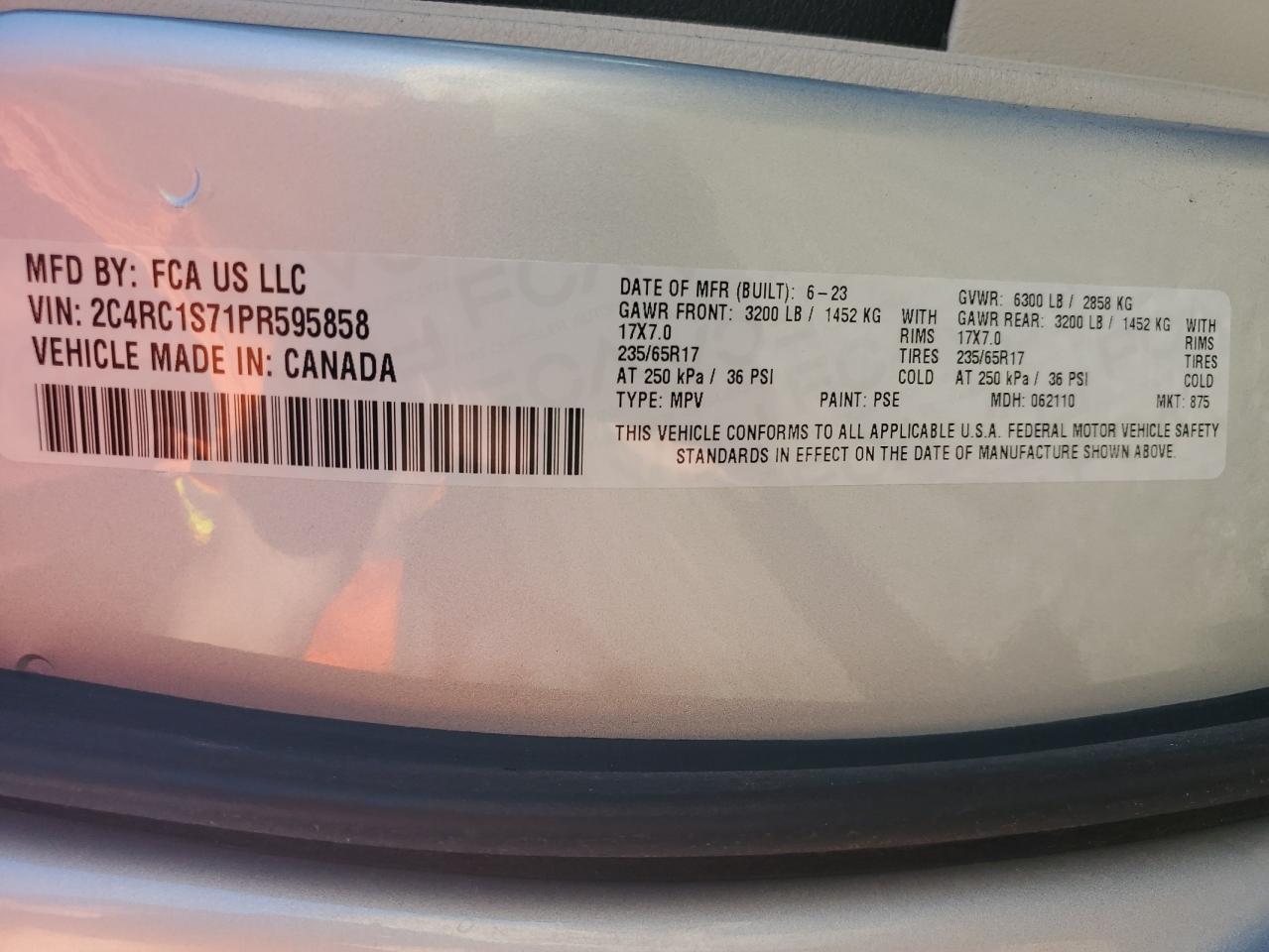 2023 CHRYSLER PACIFICA HYBRID LIMITED VIN:2C4RC1S71PR595858