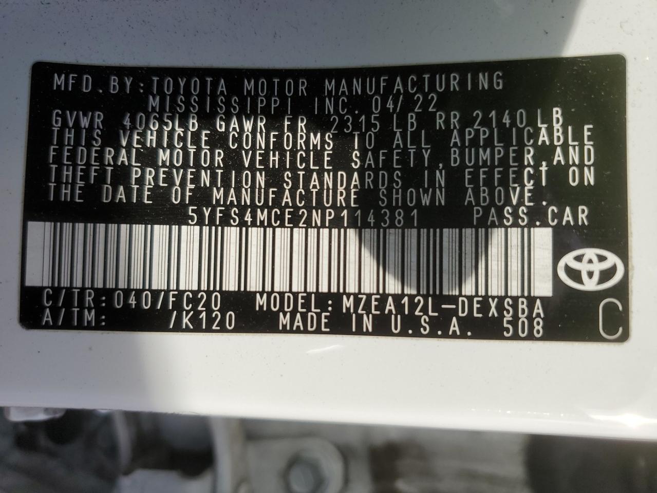 2022 TOYOTA COROLLA SE VIN:5YFS4MCE2NP114381