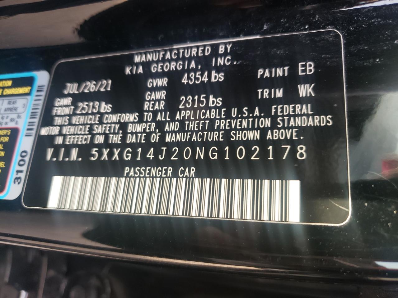 2022 KIA K5 LXS VIN:5XXG14J20NG102178