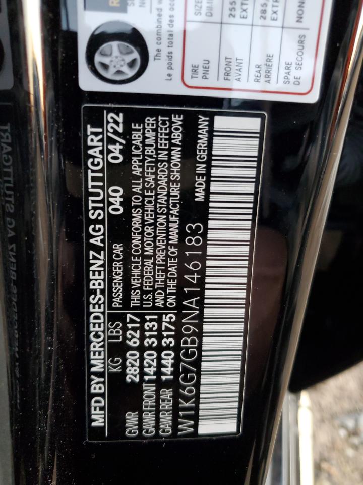 2022 MERCEDES-BENZ S 580 4MATIC VIN:W1K6G7GB9NA146183