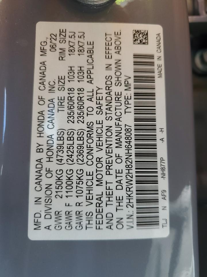 2022 HONDA CR-V EXL VIN:2HKRW2H82NH648087