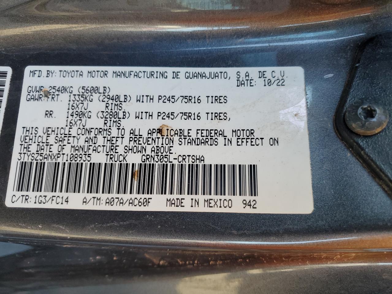 2023 TOYOTA TACOMA ACCESS CAB VIN:3TYSZ5ANXPT108935