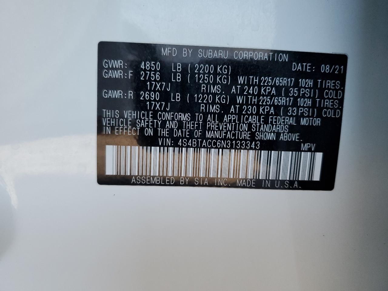 2022 SUBARU OUTBACK PREMIUM VIN:4S4BTACC6N3133343