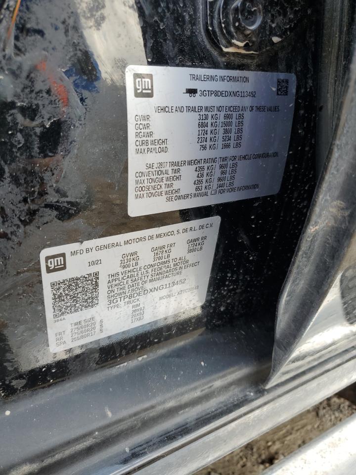 2022 GMC SIERRA LIMITED C1500 SLT VIN:3GTP8DEDXNG113452