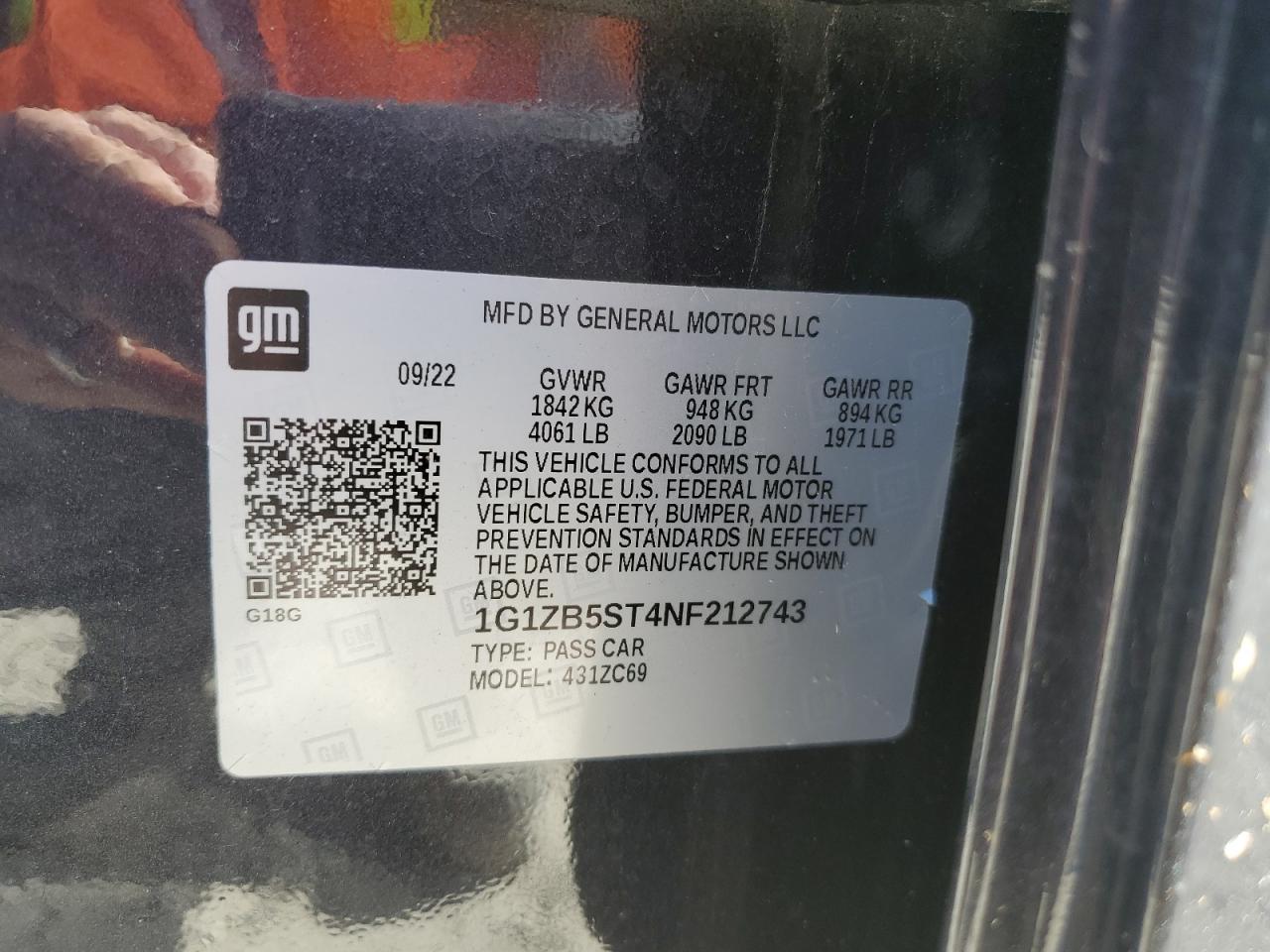 2022 CHEVROLET MALIBU LS VIN:1G1ZB5ST4NF212743