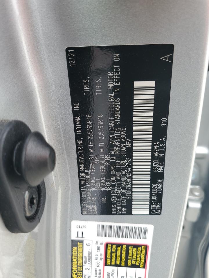 2022 TOYOTA HIGHLANDER XLE VIN:5TDGZRAH0NS541762