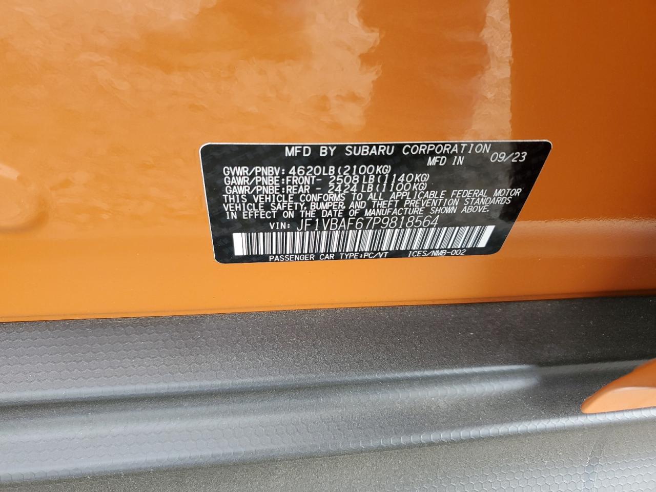 2023 SUBARU WRX PREMIUM VIN:JF1VBAF67P9818564