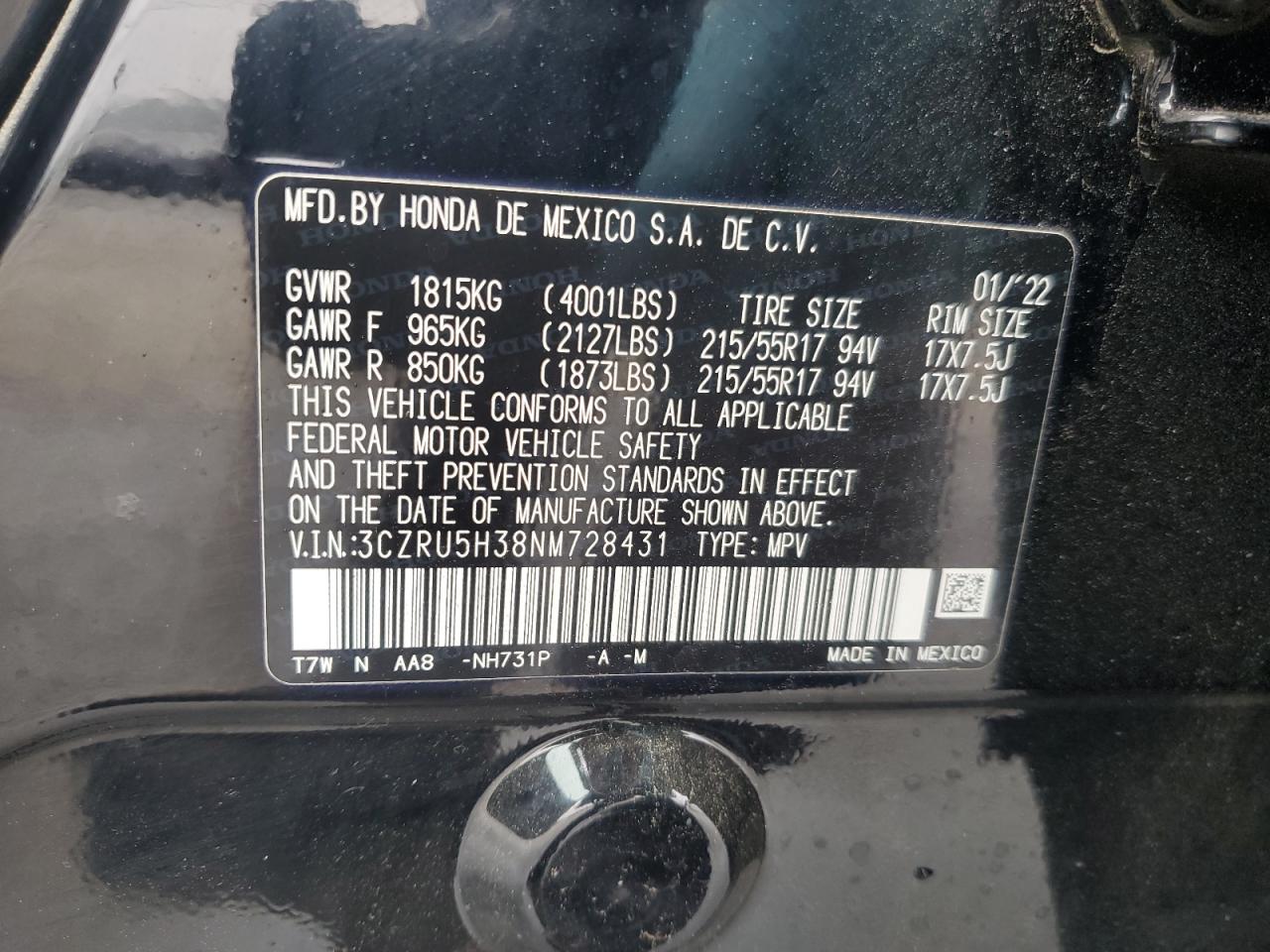 2022 HONDA HR-V LX VIN:3CZRU5H38NM728431