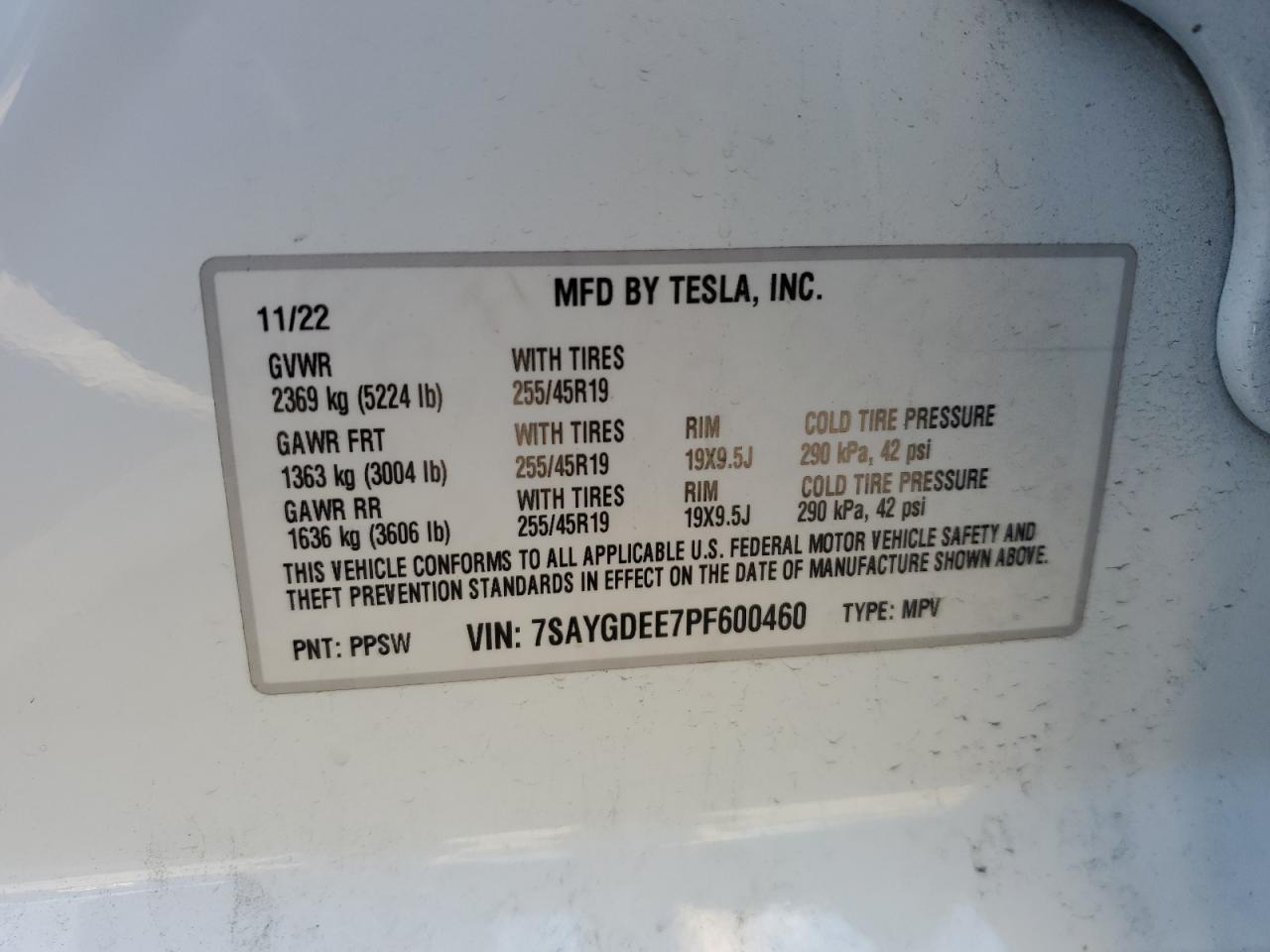 2023 TESLA MODEL Y VIN:7SAYGDEE7PF600460