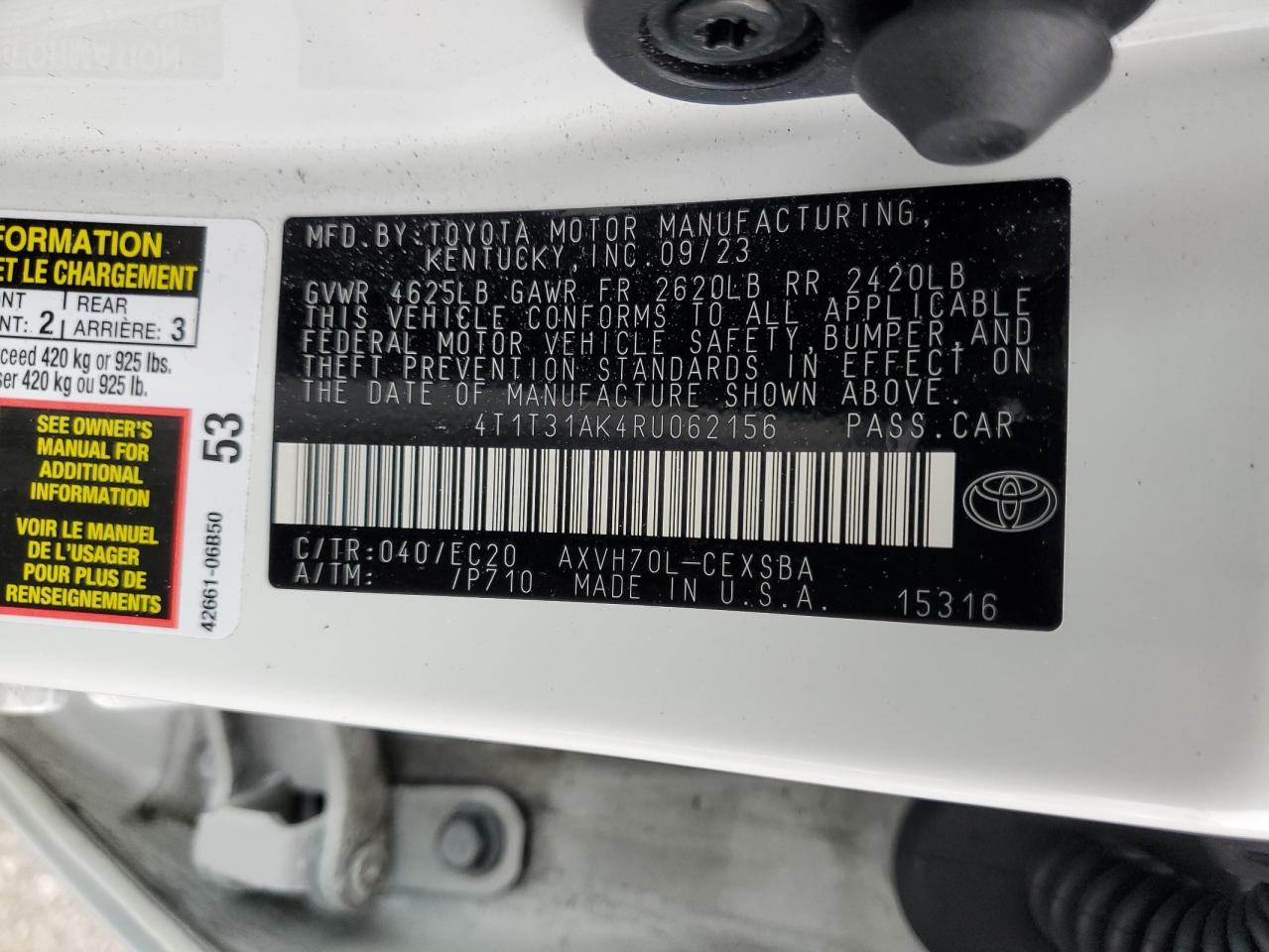 2024 TOYOTA CAMRY SE NIGHT SHADE VIN:4T1T31AK4RU062156