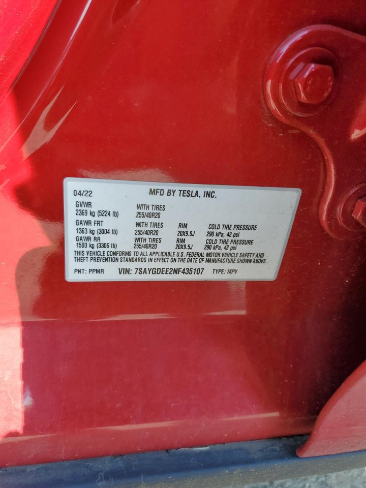 2022 TESLA MODEL Y VIN:7SAYGDEE2NF435107