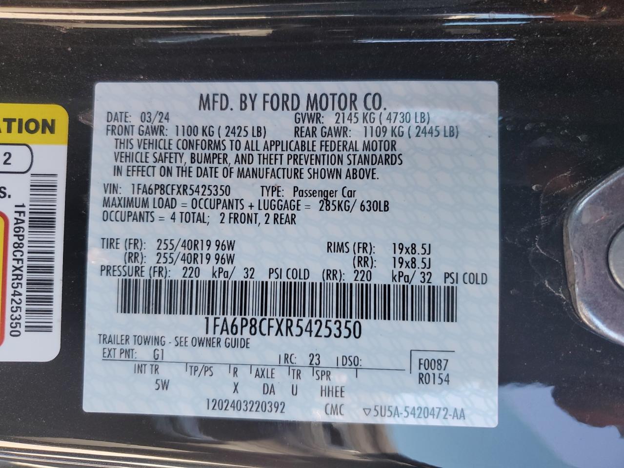 2024 FORD MUSTANG GT VIN:1FA6P8CFXR5425350