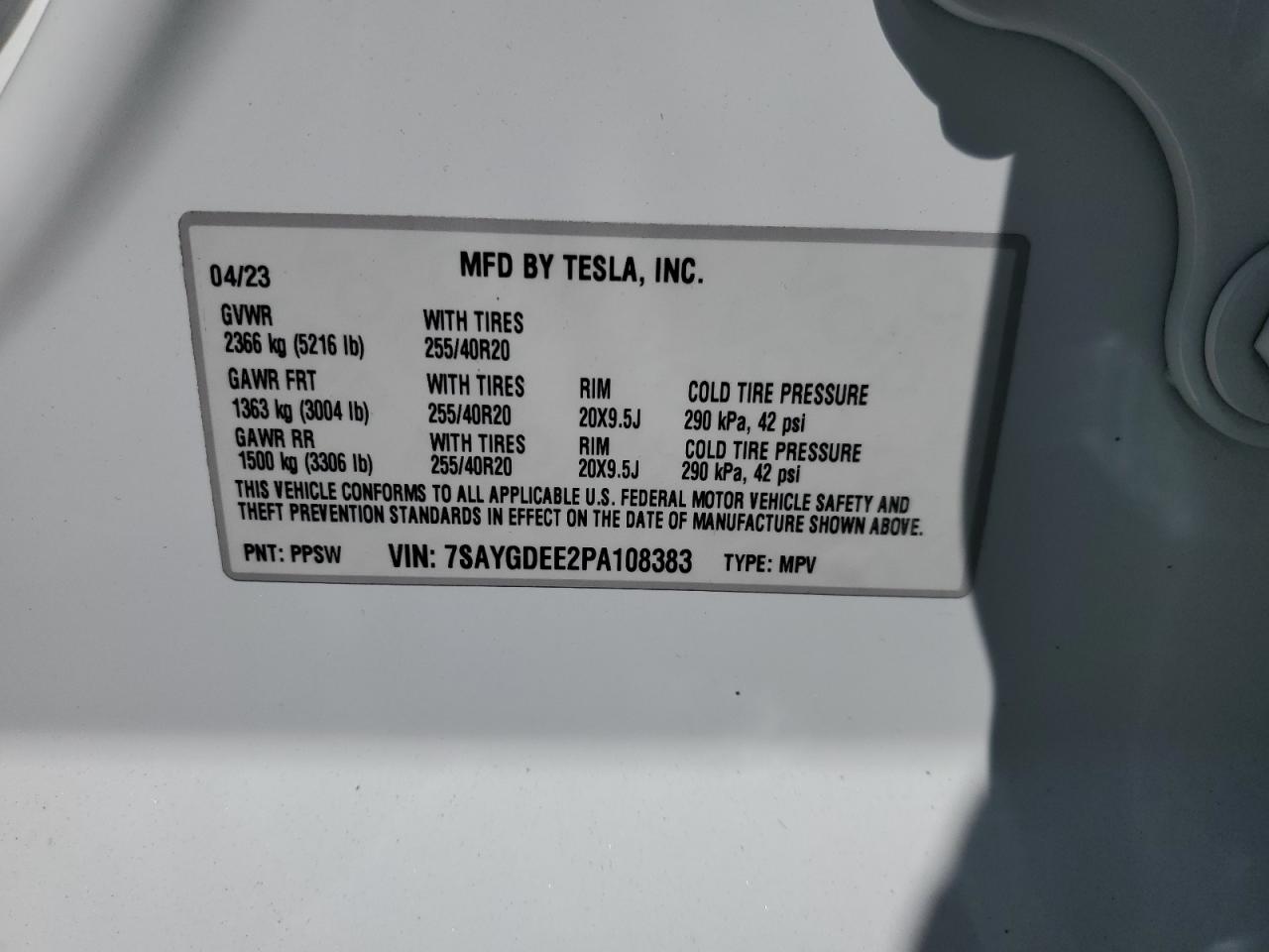 2023 TESLA MODEL Y VIN:7SAYGDEE2PA108383