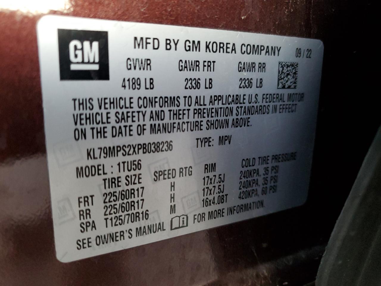 2023 CHEVROLET TRAILBLAZER LT VIN:KL79MPS2XPB038236