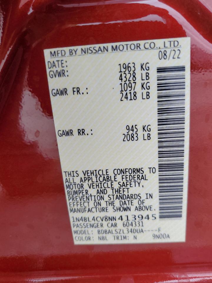 2022 NISSAN ALTIMA SR VIN:1N4BL4CV8NN413945