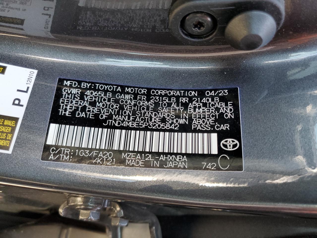 2023 TOYOTA COROLLA SE VIN:JTND4MBE5P3205842