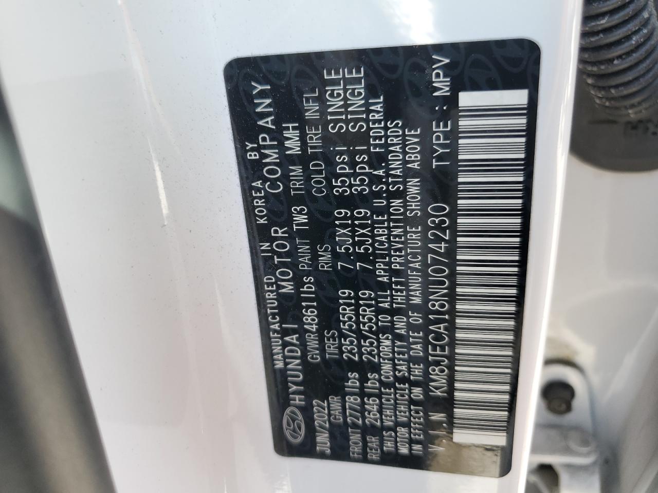 2022 HYUNDAI TUCSON LIMITED VIN:KM8JECA18NU074230