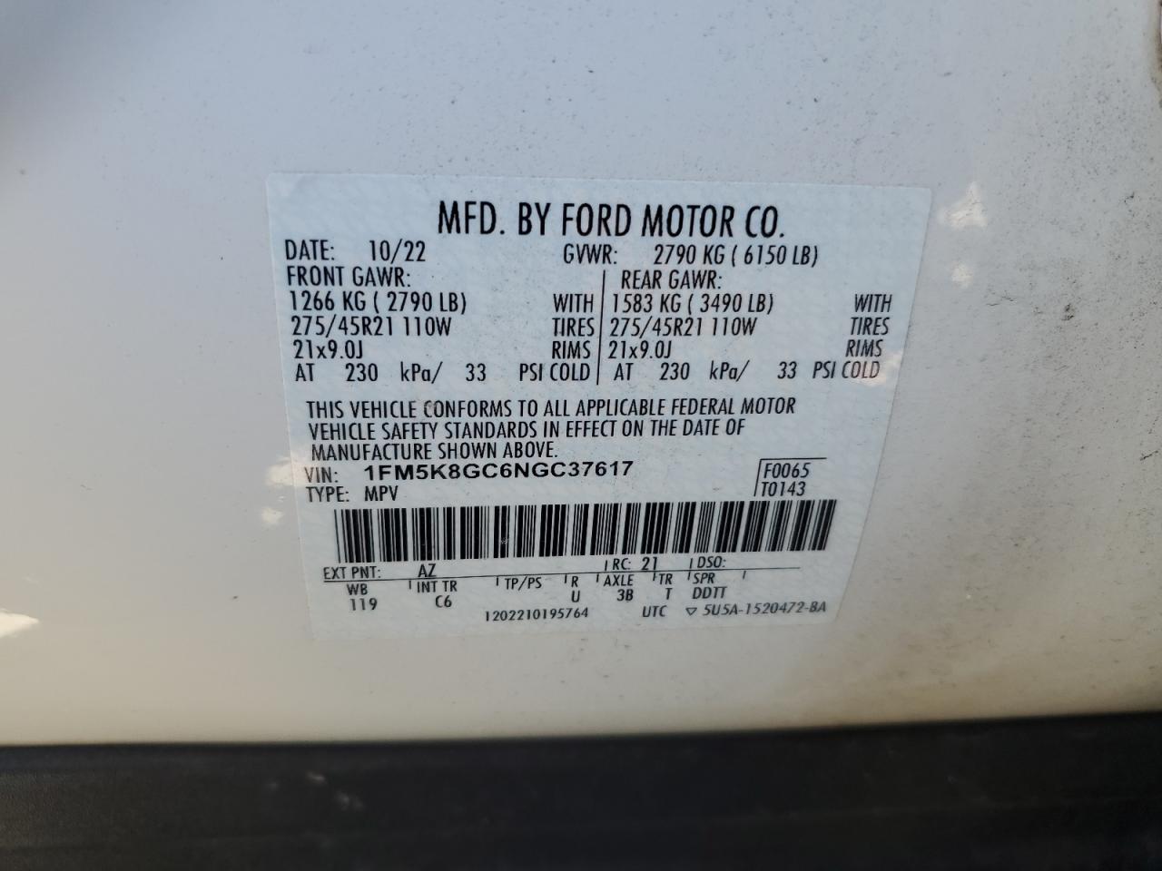 2022 FORD EXPLORER ST VIN:1FM5K8GC6NGC37617