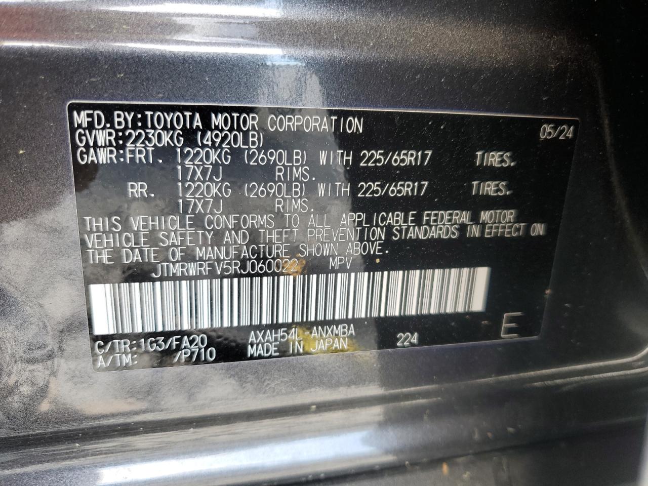 2024 TOYOTA RAV4 XLE VIN:JTMRWRFV5RJ060022
