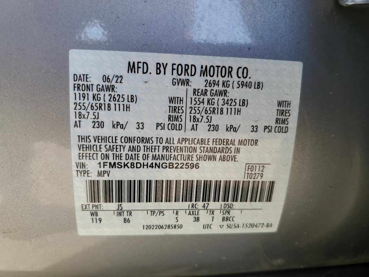 2022 FORD EXPLORER XLT VIN:1FMSK8DH4NGB22596
