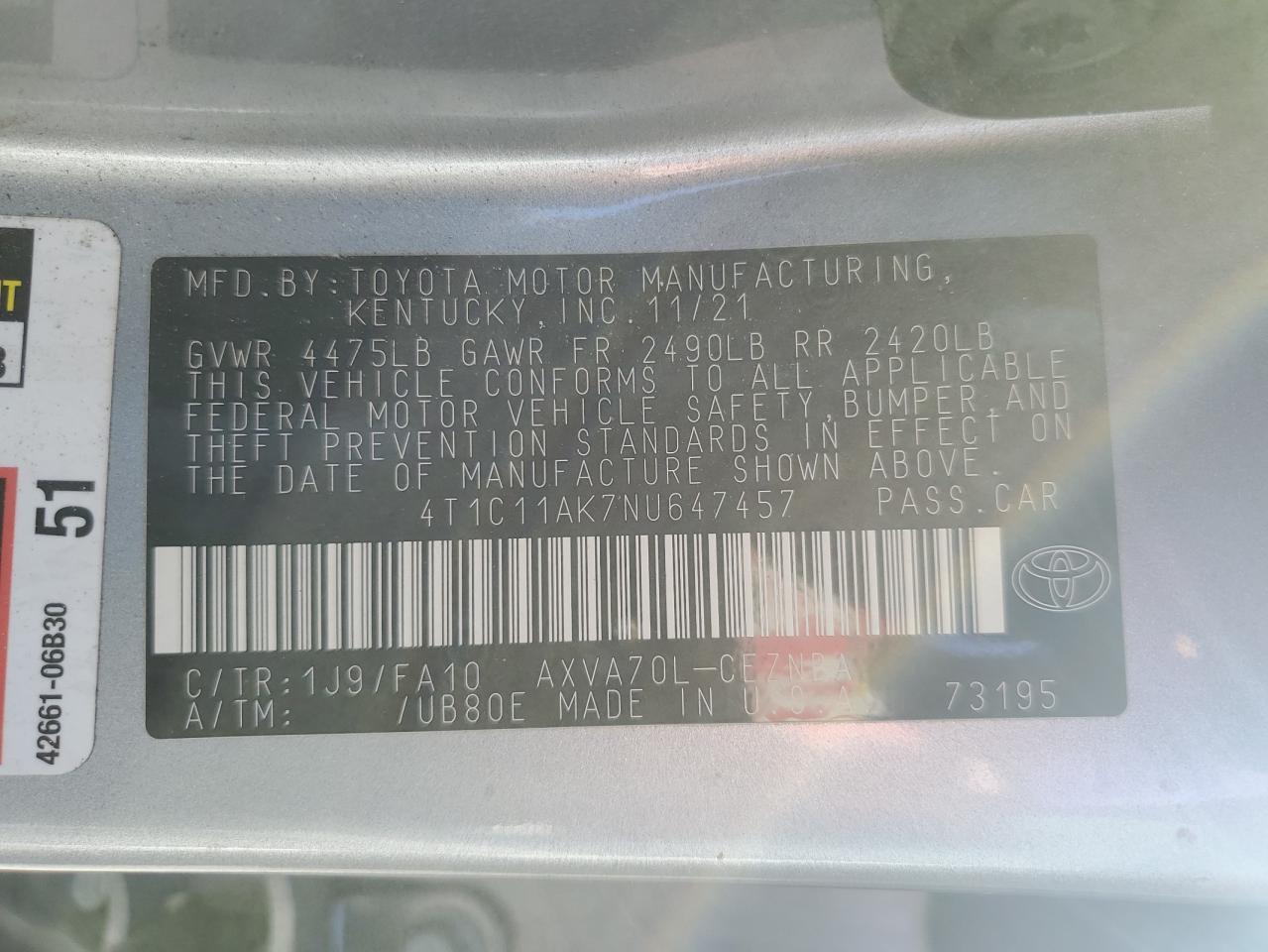 2022 TOYOTA CAMRY LE VIN:4T1C11AK7NU647457