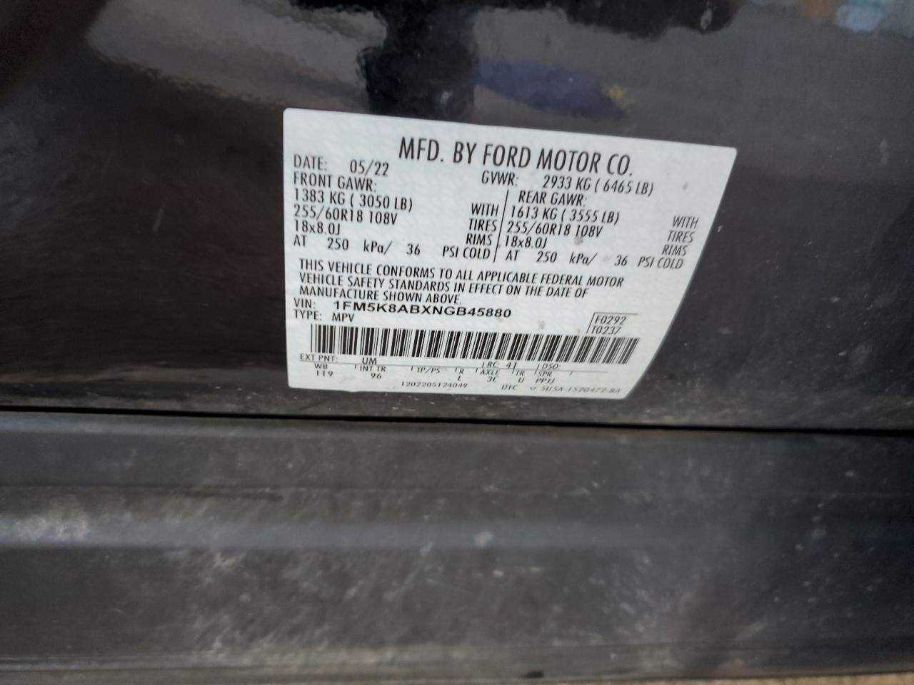 2022 FORD EXPLORER POLICE INTERCEPTOR VIN:1FM5K8ABXNGB45880