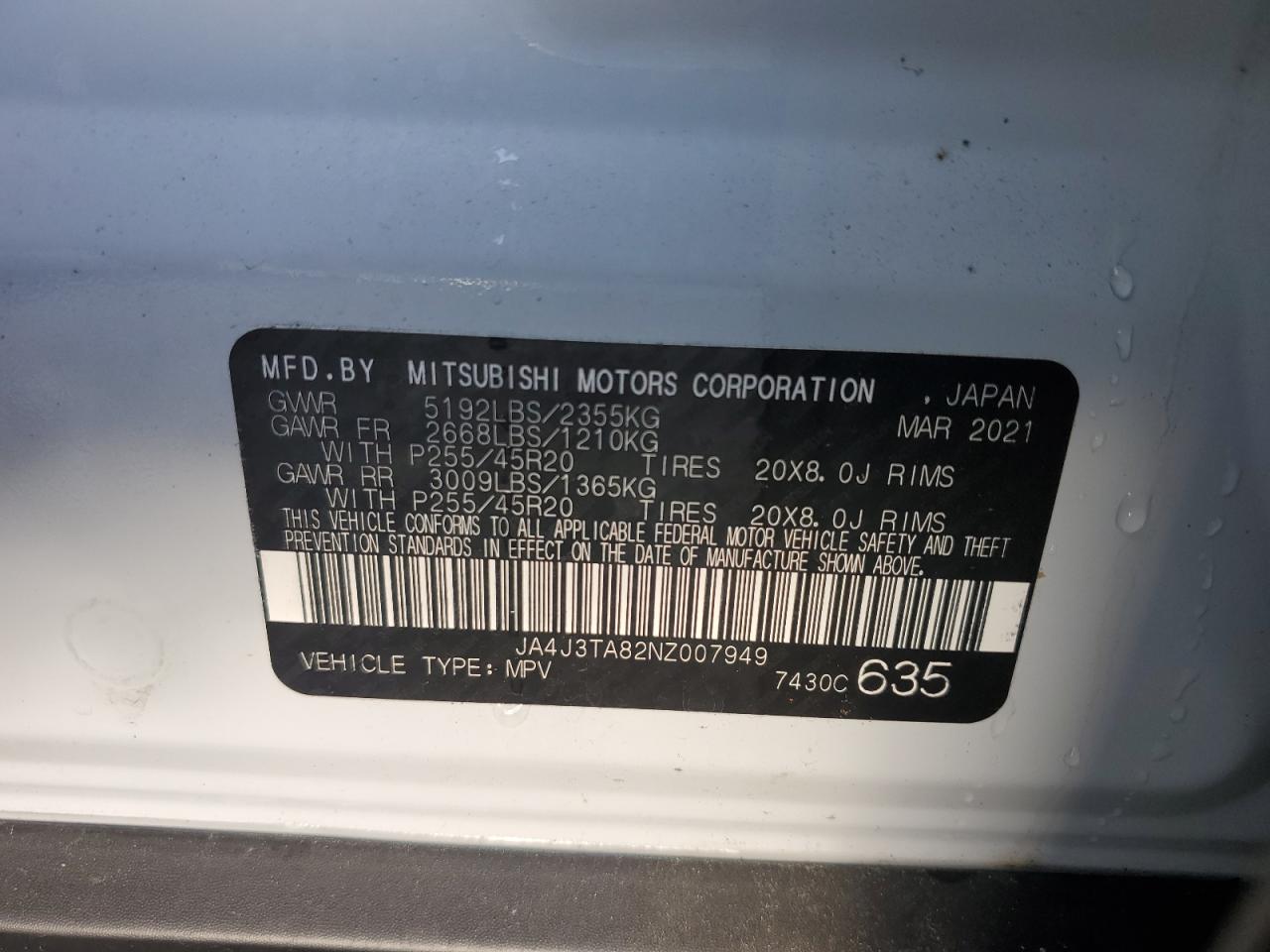 2022 MITSUBISHI OUTLANDER ES VIN:JA4J3TA82NZ007949