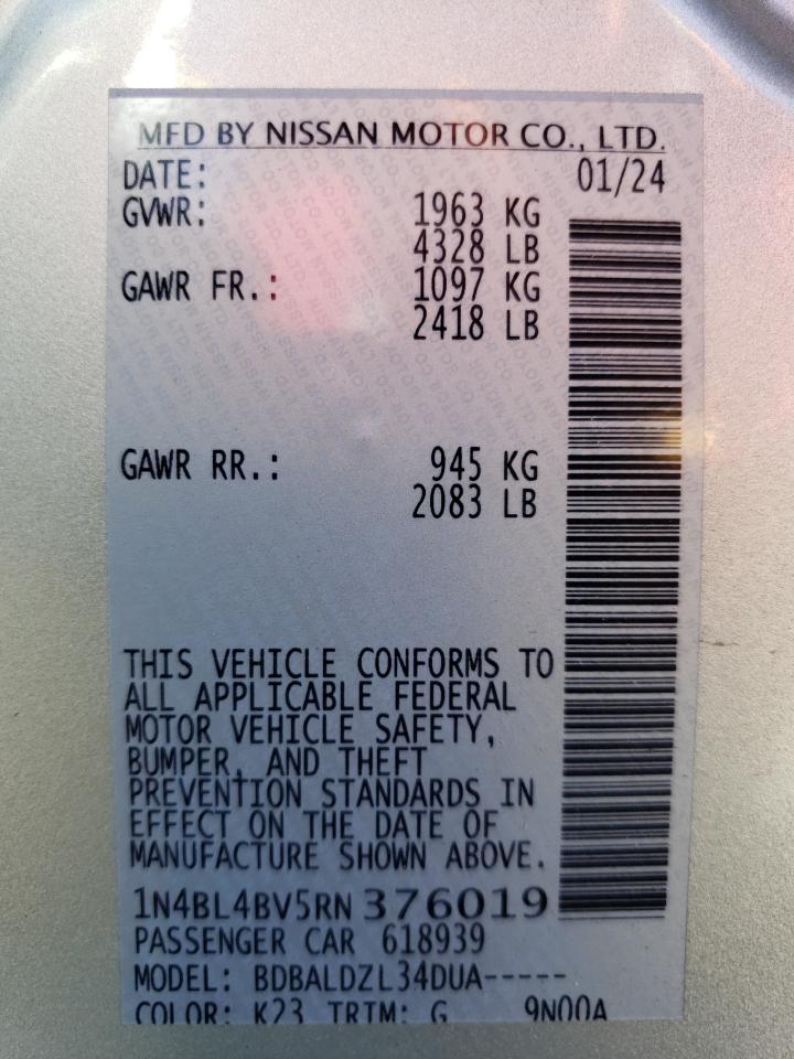 2024 NISSAN ALTIMA S VIN:1N4BL4BV5RN376019