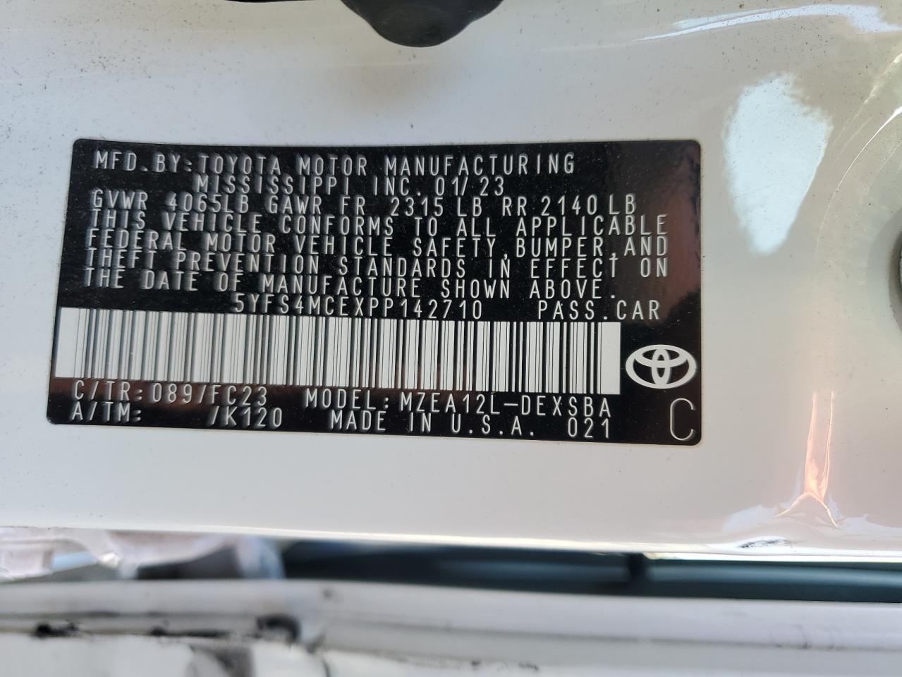 2023 TOYOTA COROLLA SE VIN:5YFS4MCEXPP142710