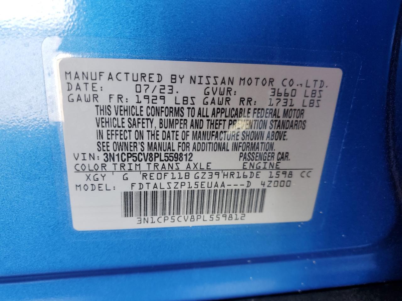 2023 NISSAN KICKS SV VIN:3N1CP5CV8PL559812