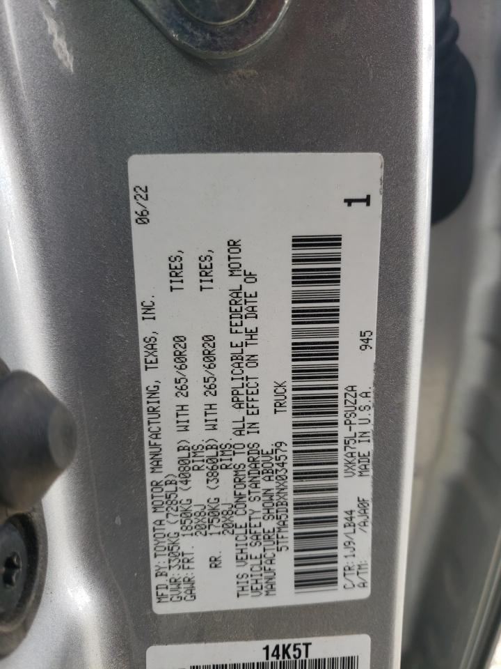 2022 TOYOTA TUNDRA CREWMAX PLATINUM VIN:5TFMA5DBXNX034579