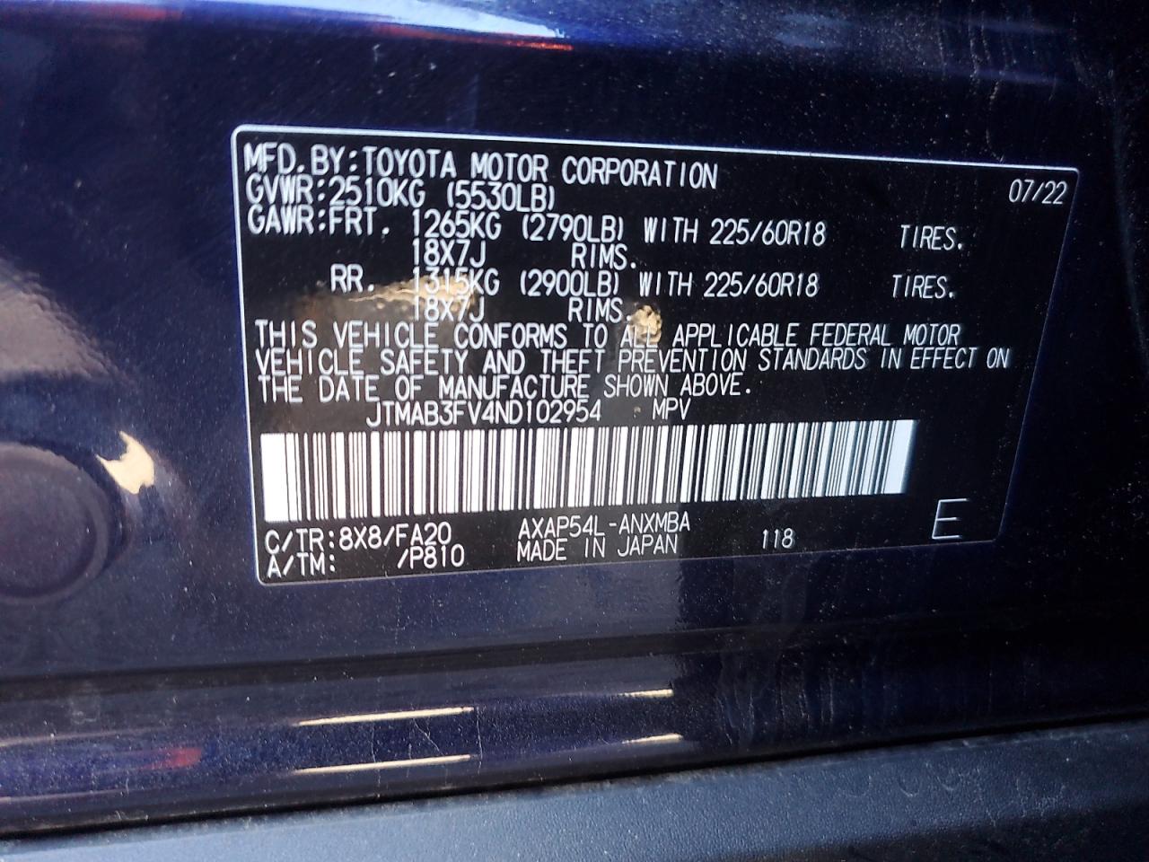 2022 TOYOTA RAV4 PRIME SE VIN:JTMAB3FV4ND102954