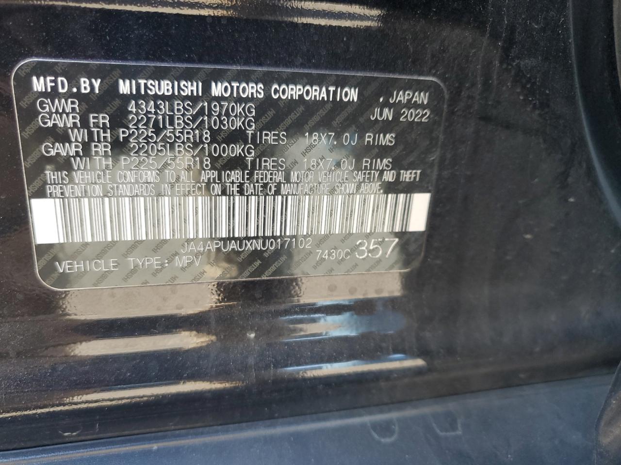 2022 MITSUBISHI OUTLANDER SPORT ES VIN:JA4APUAUXNU017102