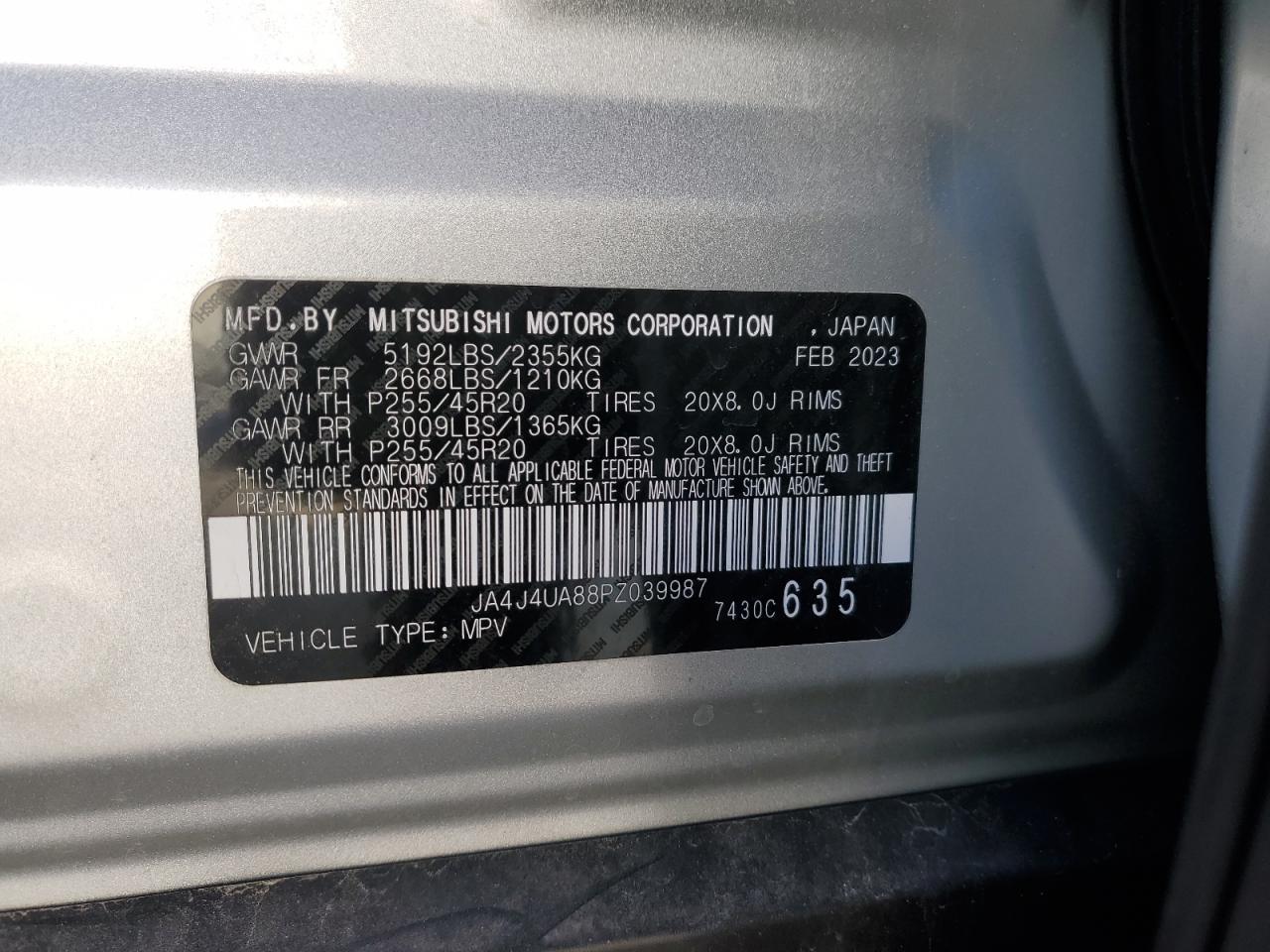 2023 MITSUBISHI OUTLANDER SE VIN:JA4J4UA88PZ039987