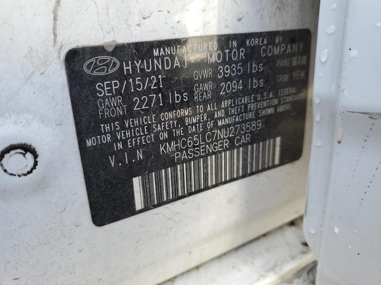 2022 HYUNDAI IONIQ BLUE VIN:KMHC65LC7NU273589