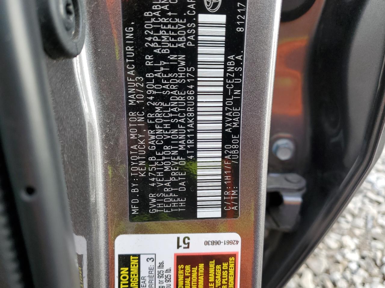 2024 TOYOTA CAMRY LE VIN:4T1R11AK8RU864175