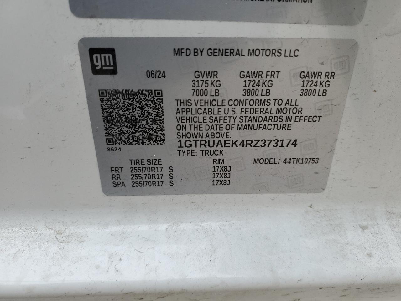 2024 GMC SIERRA K1500 VIN:1GTRUAEK4RZ373174
