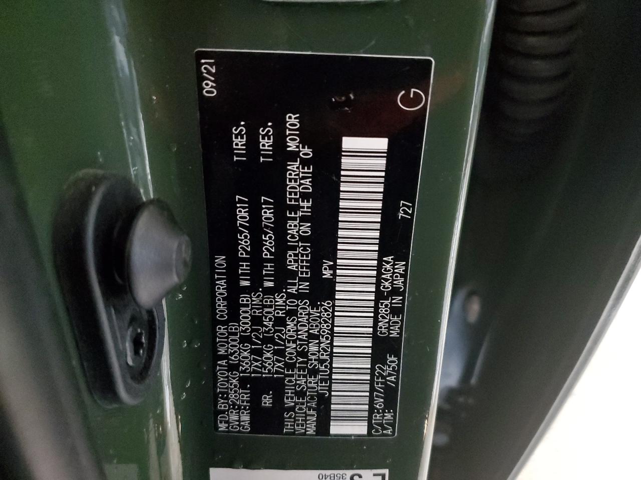 2022 TOYOTA 4RUNNER TRAIL VIN:JTETU5JR2N5982826