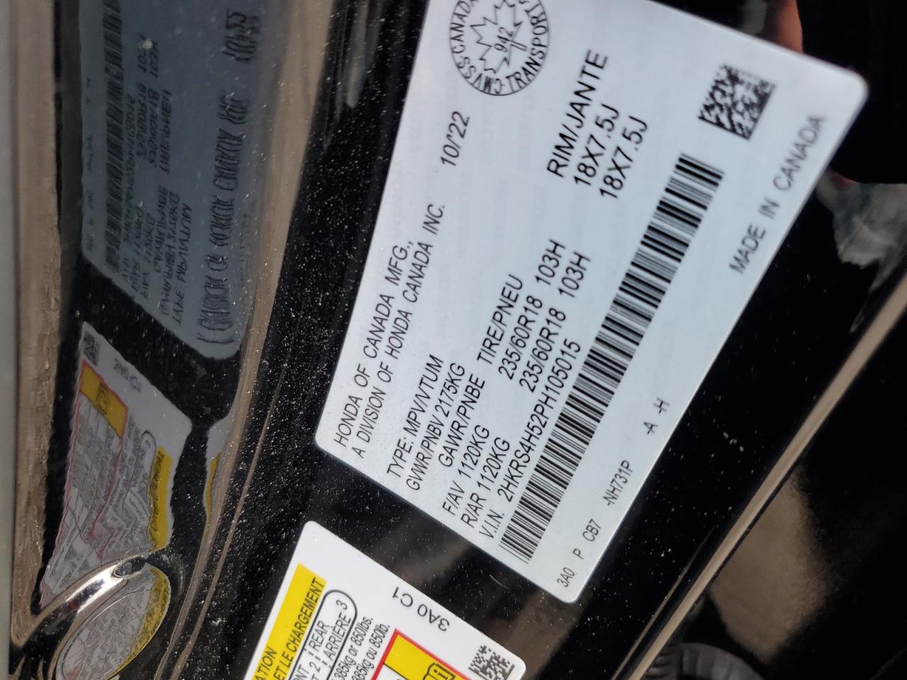 2023 HONDA CR-V SPORT VIN:2HKRS4H52PH105015