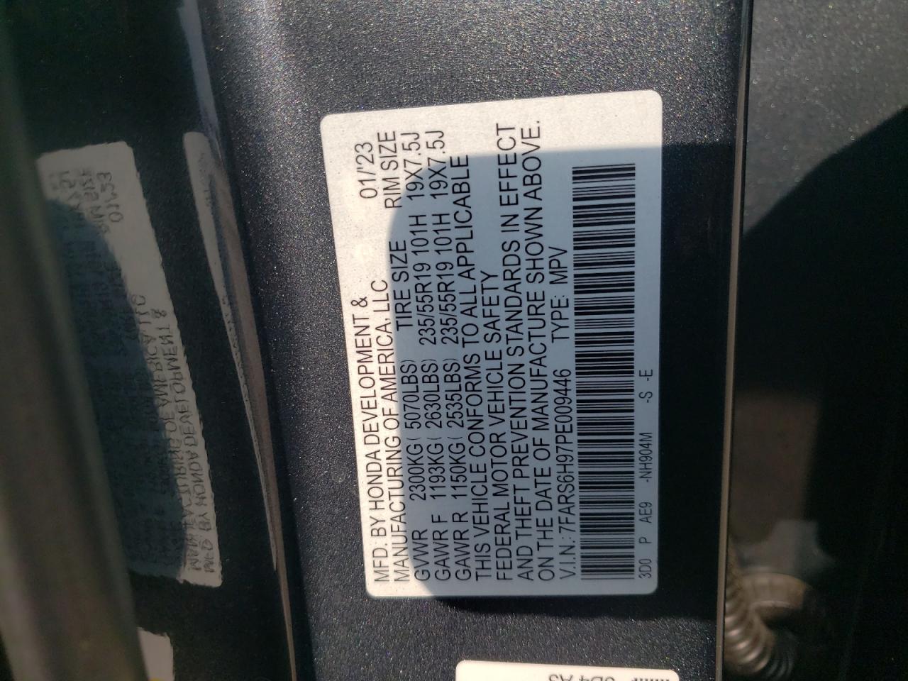 2023 HONDA CR-V SPORT TOURING VIN:7FARS6H97PE009446